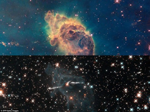 Stars bursting to life in chaotic Carina Nebula: These two images of a huge pillar of star birth demonstrate how observations taken in visible and in infrared light by NASA's Hubble Space Telescope reveal dramatically different views 